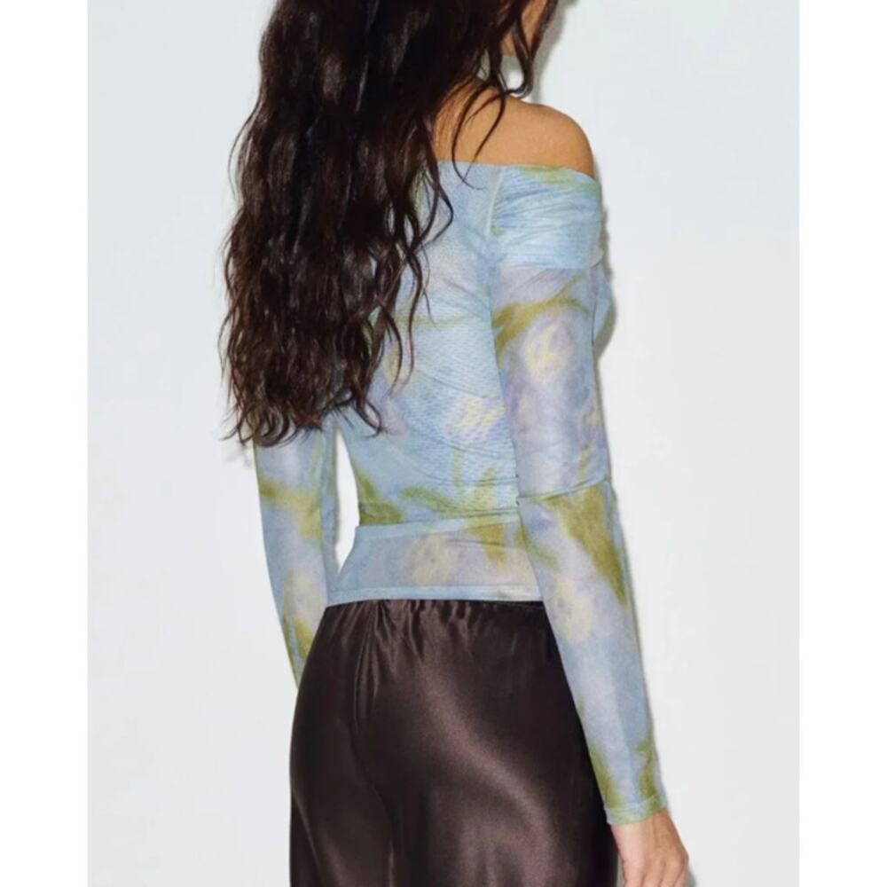 REFORMATION Elio Knit Top Floral Off The Shoulder Sheer Mesh Long Sleeve Blouse - Picture 3 of 10